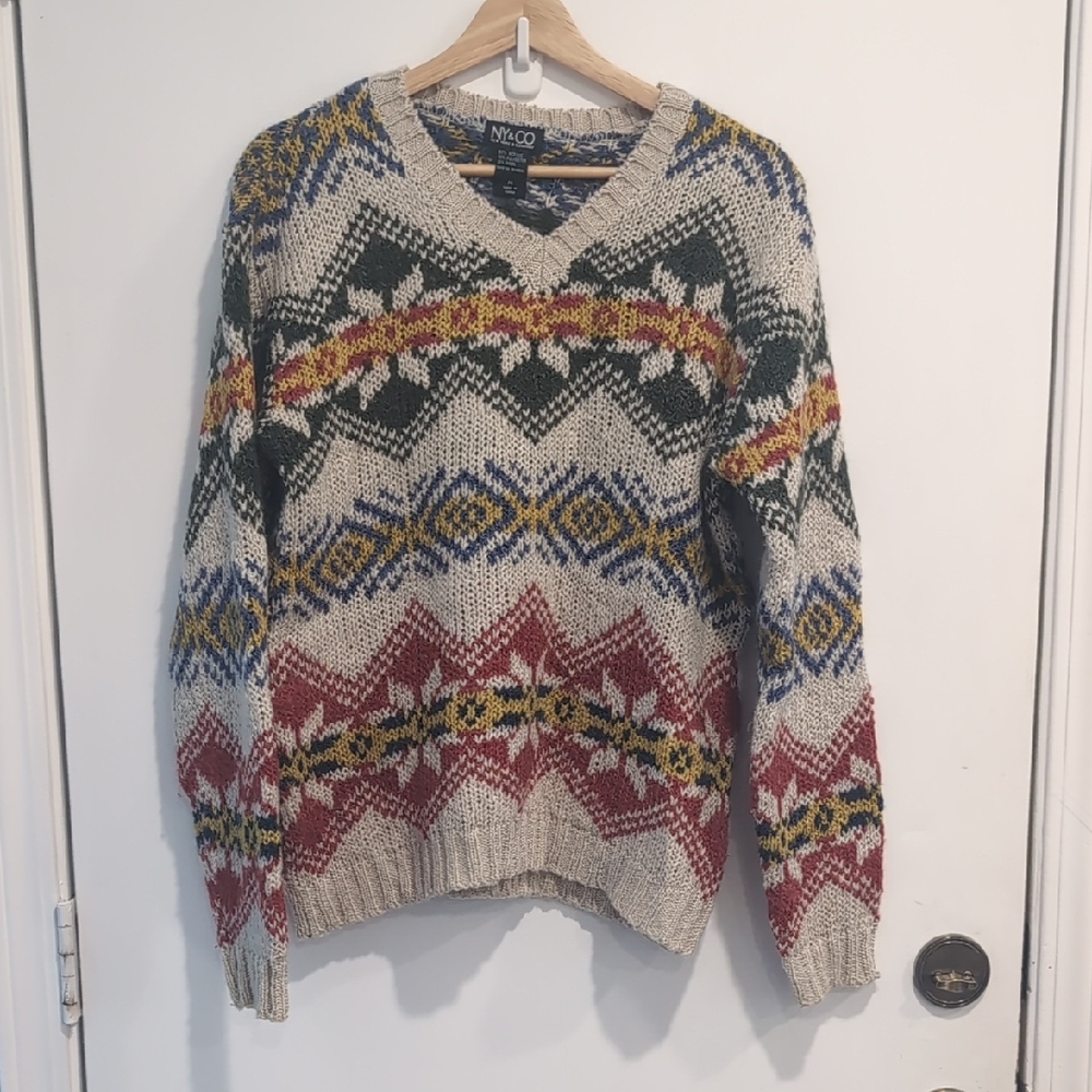 Vintage New York & Company Multicolor V-Neck Sweater Women's Medium Wool Blend